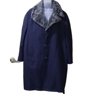 Weathercaster Vintage Navy Belted Coat Faux Fur Collar 60s 70s Warm Classic
